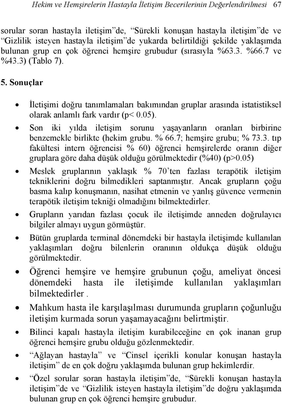 Sonuçlar İletişimi doğru tanımlamaları bakımından gruplar arasında istatistiksel olarak anlamlı fark vardır (p< 0.05).