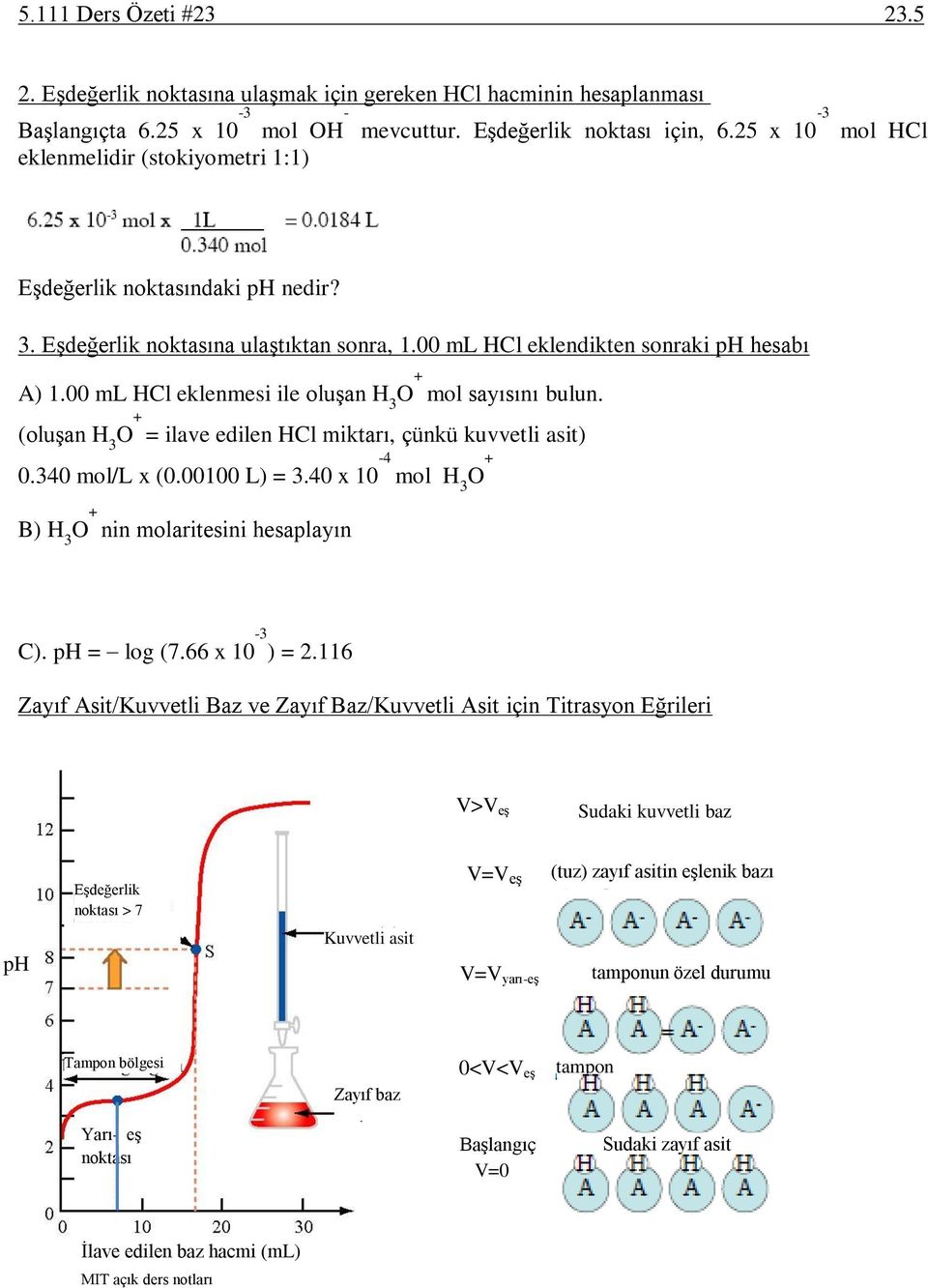 00 ml HCl eklenmesi ile oluşan H 3 O + mol sayısını bulun. (oluşan H 3 O + = ilave edilen HCl miktarı, çünkü kuvvetli asit) 0.340 mol/l x (0.00100 L) = 3.