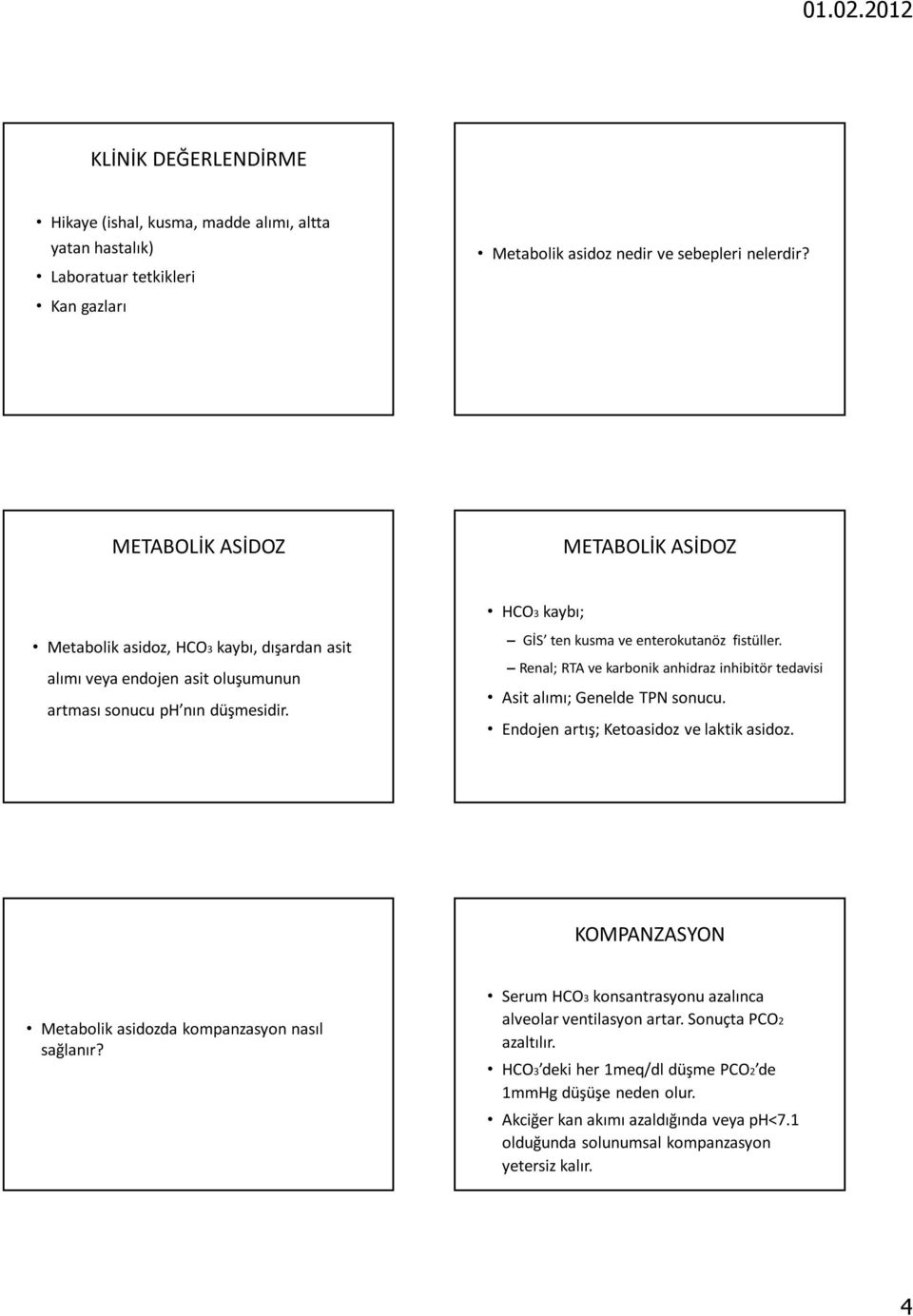 GİS ten kusma ve enterokutanöz fistüller. Renal; RTA ve karbonik anhidraz inhibitör tedavisi Asit alımı; Genelde TPN sonucu. Endojen artış; Ketoasidoz ve laktik asidoz.