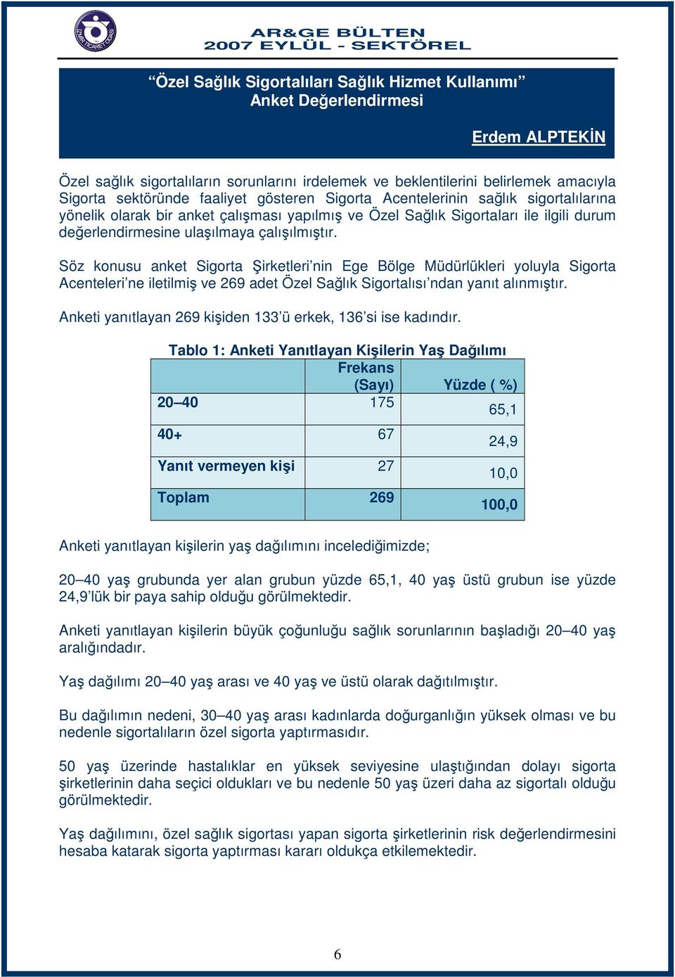 Söz konusu anket Sigorta Şirketleri nin Ege Bölge Müdürlükleri yoluyla Sigorta Acenteleri ne iletilmiş ve 269 adet Özel Sağlık Sigortalısı ndan yanıt alınmıştır.