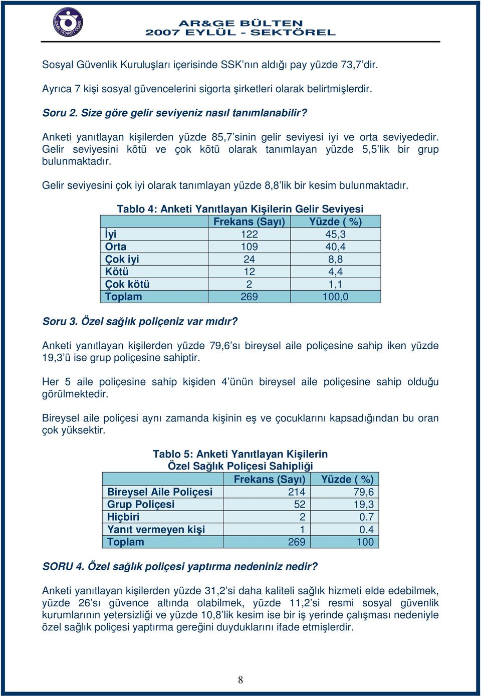 Gelir seviyesini kötü ve çok kötü olarak tanımlayan yüzde 5,5 lik bir grup bulunmaktadır. Gelir seviyesini çok iyi olarak tanımlayan yüzde 8,8 lik bir kesim bulunmaktadır.