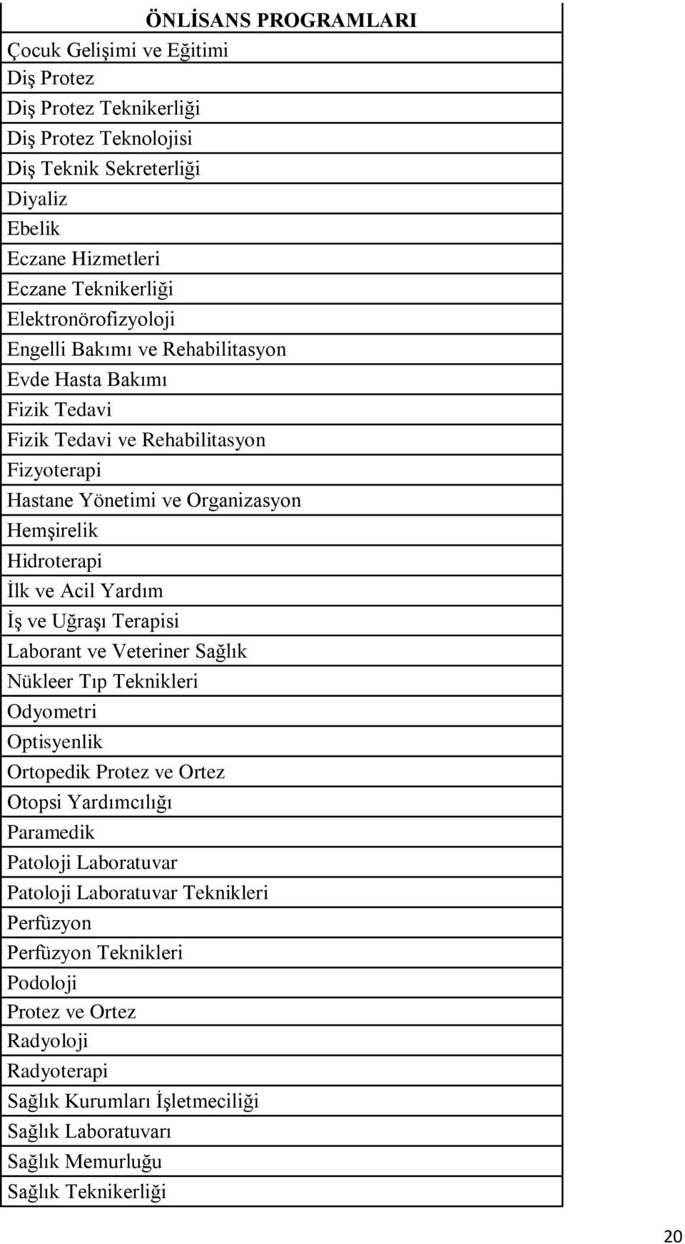 ve Acil Yardım İş ve Uğraşı Terapisi Laborant ve Veteriner Sağlık Nükleer Tıp Teknikleri Odyometri Optisyenlik Ortopedik Protez ve Ortez Otopsi Yardımcılığı Paramedik Patoloji Laboratuvar