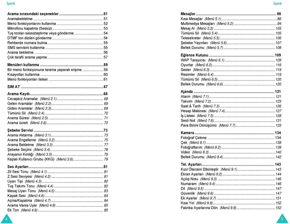 ..60 Menü fonksiyonları listesi...61 SIM AT...67 Arama Kaydı...68 Cevapsız Aramalar (Menü 2.1)... 68 Gelen Aramalar (Menü 2.2)... 69 Giden Aramalar (Menü 2.3)... 69 Tümünü Sil (Menü 2.4).