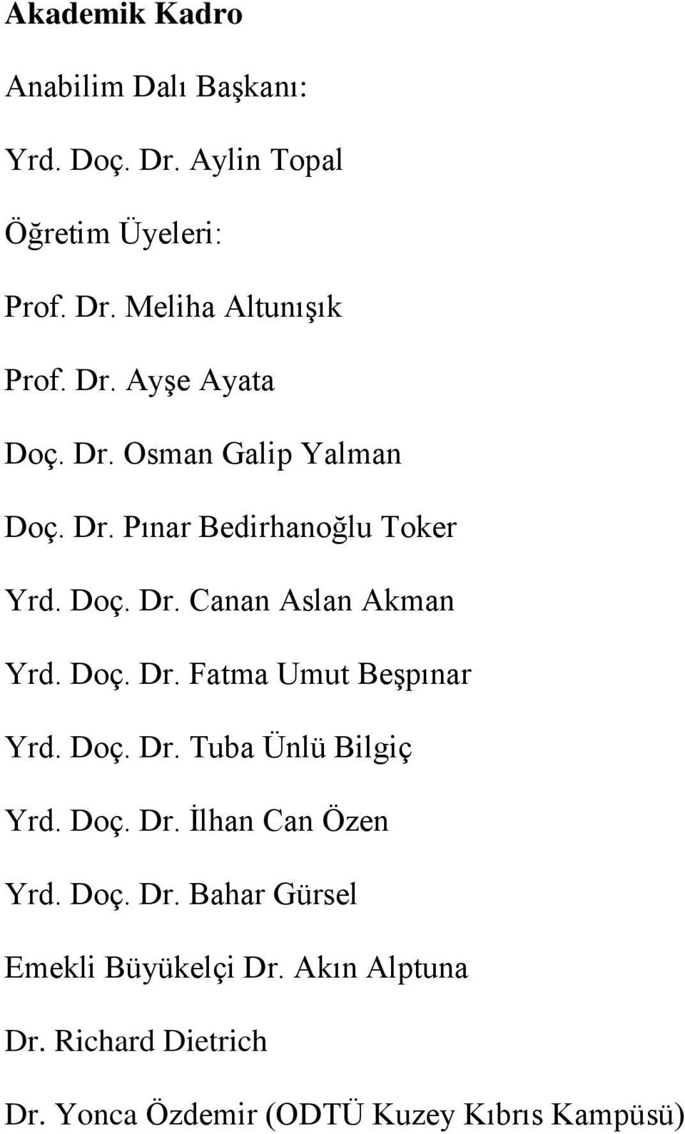 Doç. Dr. Fatma Umut Beşpınar Yrd. Doç. Dr. Tuba Ünlü Bilgiç Yrd. Doç. Dr. İlhan Can Özen Yrd. Doç. Dr. Bahar Gürsel Emekli Büyükelçi Dr.