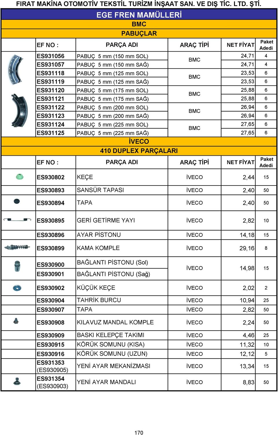 (2 mm SAĞ) 27,65 6 İVECO 410 DUPLEX PARÇALARI ES930802 KEÇE İVECO 2,44 15 ES930893 SANSÜR TAPASI İVECO 2,40 50 ES930894 TAPA İVECO 2,40 50 ES930895 GERİ GETİRME YAYI İVECO 2,82 10 ES930896 AYAR