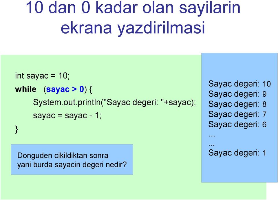 println("Sayac degeri: "+sayac); sayac = sayac - 1; Donguden cikildiktan