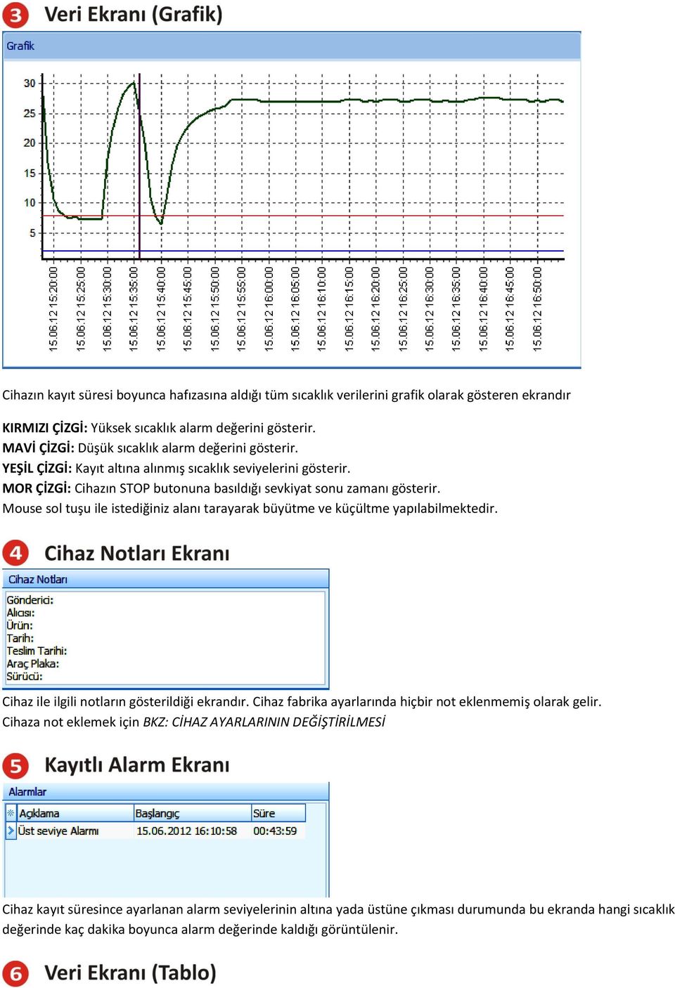 Mouse sol tuşu ile istediğiniz alanı tarayarak büyütme ve küçültme yapılabilmektedir. Cihaz ile ilgili notların gösterildiği ekrandır. Cihaz fabrika ayarlarında hiçbir not eklenmemiş olarak gelir.