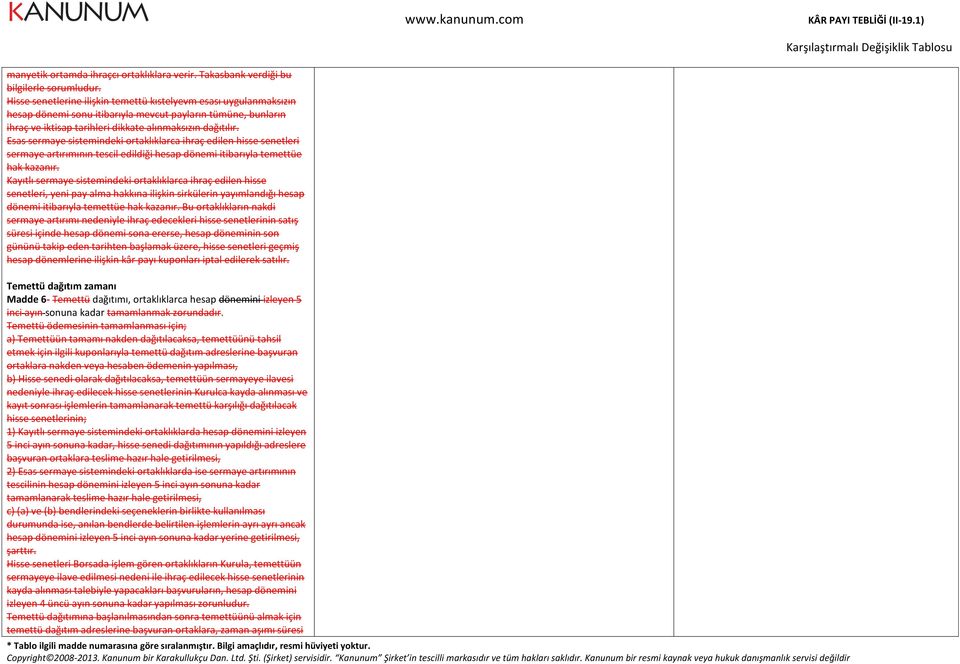 Esas sermaye sistemindeki ortaklıklarca ihraç edilen hisse senetleri sermaye artırımının tescil edildiği hesap dönemi itibarıyla temettüe hak kazanır.