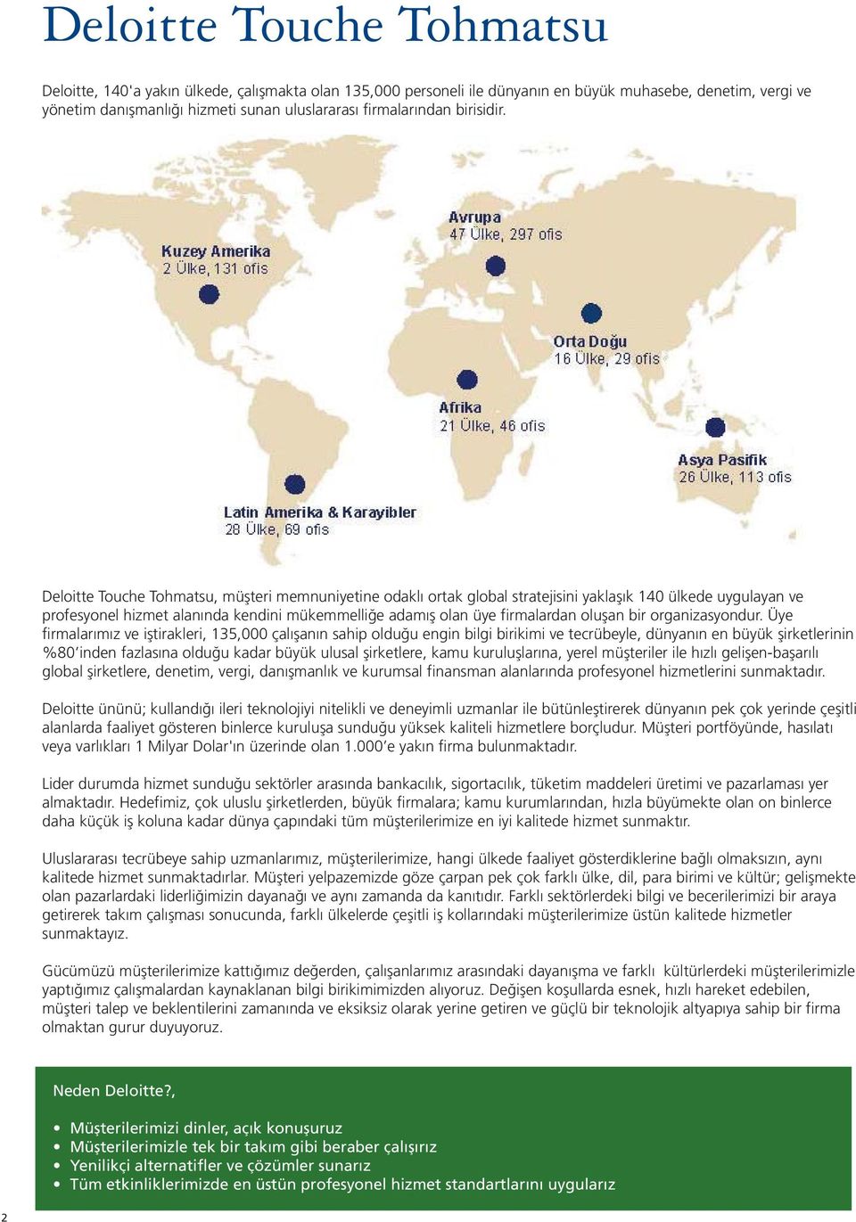 Deloitte Touche Tohmatsu, müşteri memnuniyetine odaklı ortak global stratejisini yaklaşık 140 ülkede uygulayan ve profesyonel hizmet alanında kendini mükemmelliğe adamış olan üye firmalardan oluşan