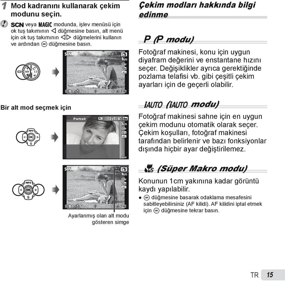 4 NORM 0:34 12M 4:3 Çekim modları hakkında bilgi edinme P (P modu) Fotoğraf makinesi, konu için uygun diyafram değerini ve enstantane hızını seçer.