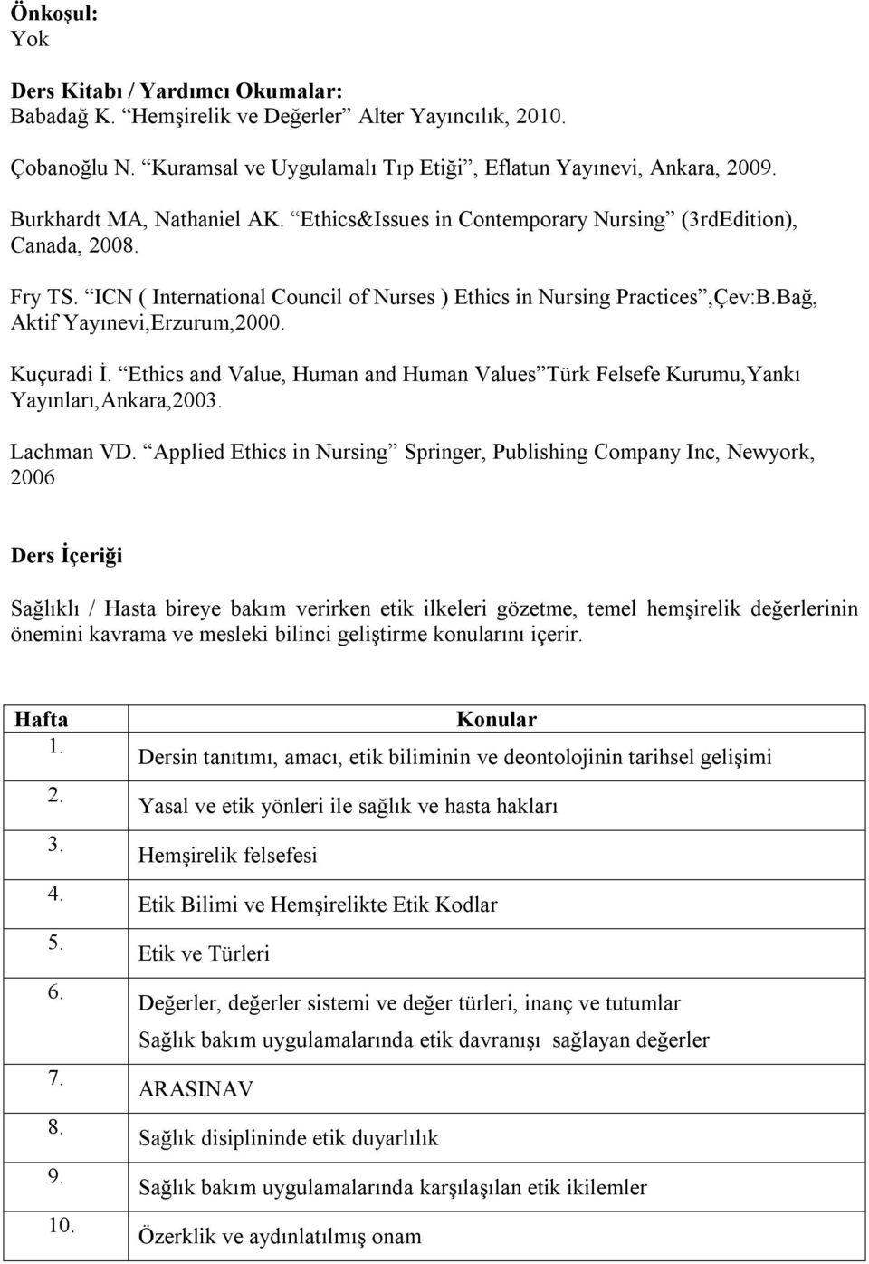 Bağ, Aktif Yayınevi,Erzurum,2000. Kuçuradi İ. Ethics and Value, Human and Human Values Türk Felsefe Kurumu,Yankı Yayınları,Ankara,2003. Lachman VD.