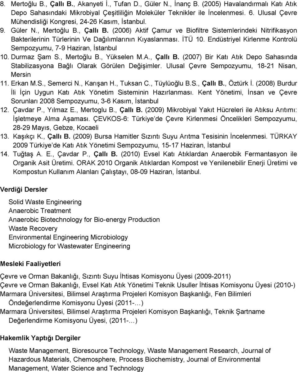 (2006) Aktif Çamur ve Biofiltre Sistemlerindeki Nitrifikasyon Bakterilerinin Türlerinin Ve Dağılımlarının Kıyaslanması. İTÜ 10. Endüstriyel Kirlenme Kontrolü Sempozyumu, 7-9 Haziran, İstanbul 10.