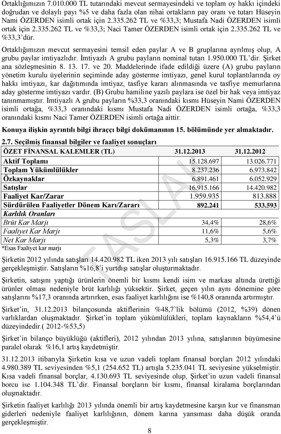 262 TL ve %33,3; Mustafa Nadi ÖZERDEN isimli ortak için 2.335.262 TL ve %33,3; Naci Tamer ÖZERDEN isimli ortak için 2.335.262 TL ve %33,3 dür.