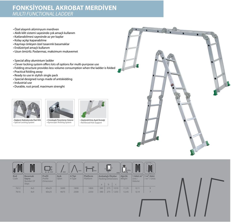 Paslanmaz, maksimum mukavemet Special alloy aluminium ladder Clever locking system offers lots of options for multi-purrpose use Folding structure provides less volume consumption when the ladder is