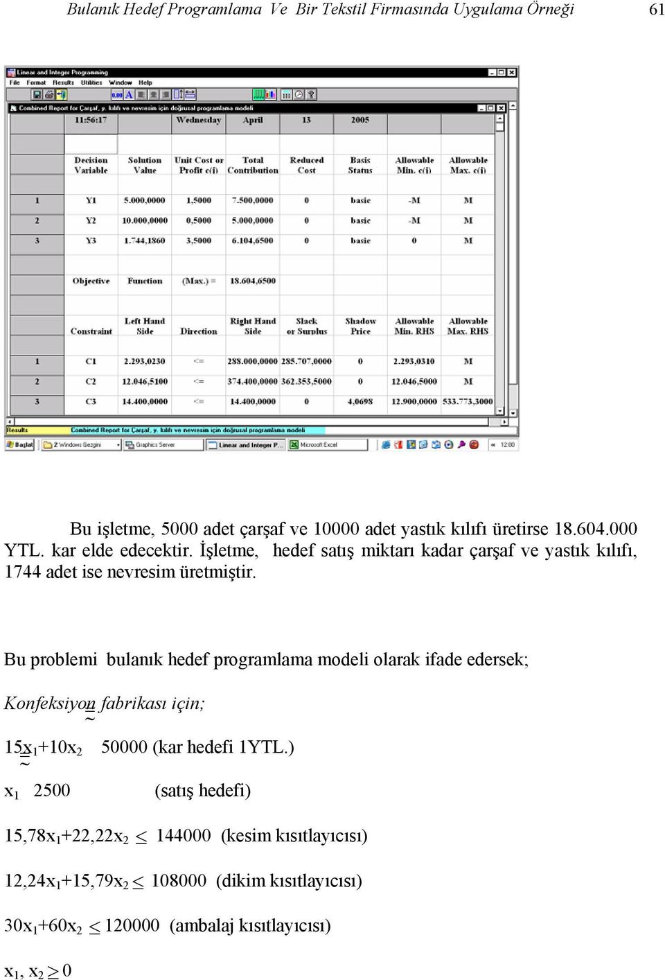 Bu problem bulanık hedef programlama model olarak fade edersek; Konfeksyon = fabrkası çn; 15x = 1 +10x 2 50000 (kar hedef 1YTL.