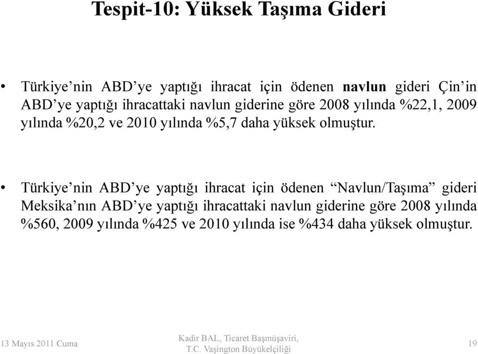 Türkiye nin ABD ye yaptığı ihracat için ödenen Navlun/Taşıma gideri Meksika nın ABD ye yaptığı ihracattaki navlun