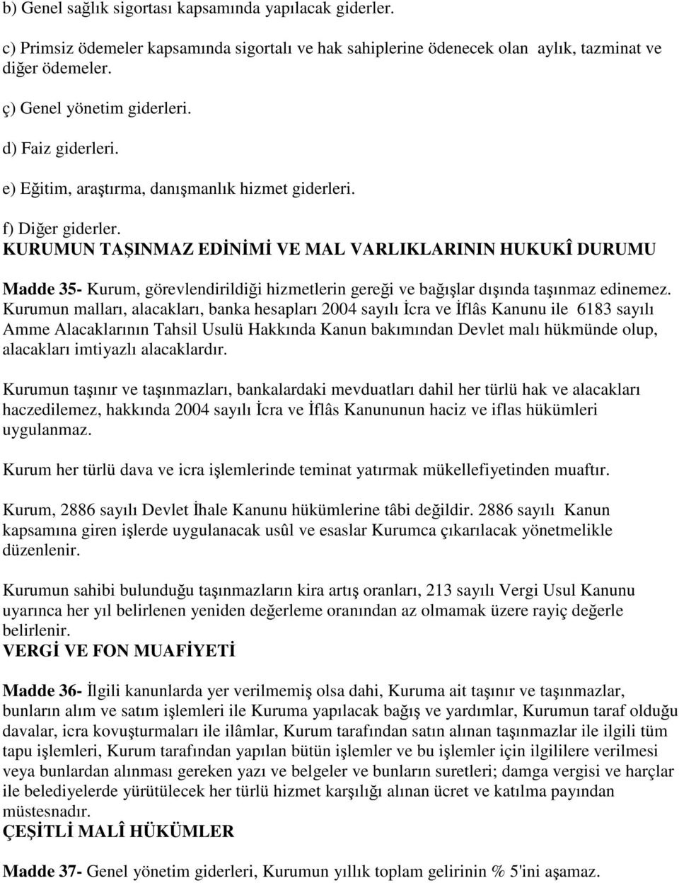 KURUMUN TAŞINMAZ EDİNİMİ VE MAL VARLIKLARININ HUKUKÎ DURUMU Madde 35- Kurum, görevlendirildiği hizmetlerin gereği ve bağışlar dışında taşınmaz edinemez.