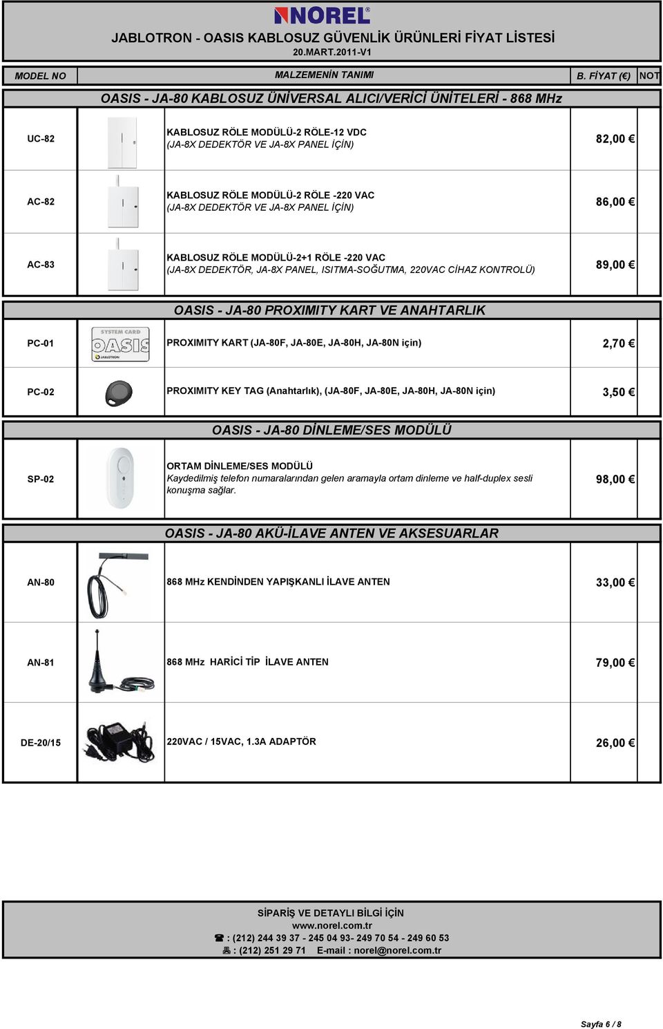 PC-01 PROXIMITY KART (JA-80F, JA-80E, JA-80H, JA-80N için) 2,70 PC-02 PROXIMITY KEY TAG (Anahtarlık), (JA-80F, JA-80E, JA-80H, JA-80N için) 3,50 OASIS - JA-80 DĐNLEME/SES MODÜLÜ ORTAM DĐNLEME/SES