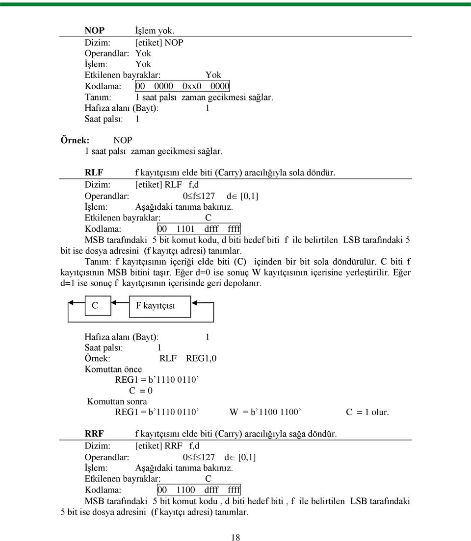 Dizim: [etiket] RLF f,d Operandlar: 0 f 127 d [0,1] İşlem: Aşağıdaki tanıma bakınız.