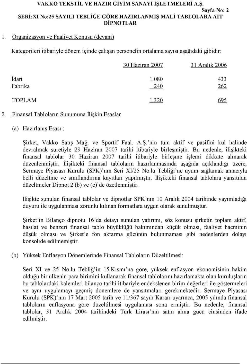 Bu nedenle, ilişikteki finansal tablolar 30 Haziran 2007 tarihi itibariyle birleşme işlemi dikkate alınarak düzenlenmiştir.