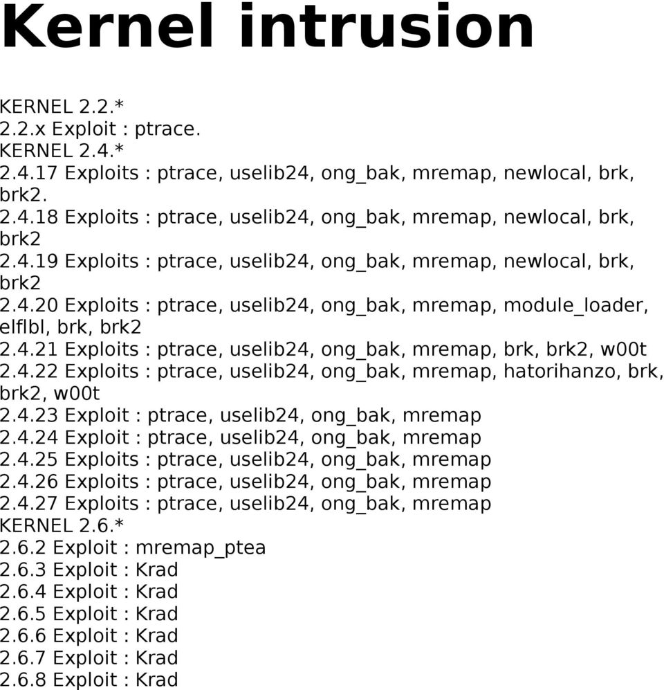 4.22 Exploits : ptrace, uselib24, ong_bak, mremap, hatorihanzo, brk, brk2, w00t 2.4.23 Exploit : ptrace, uselib24, ong_bak, mremap 2.4.24 Exploit : ptrace, uselib24, ong_bak, mremap 2.4.25 Exploits : ptrace, uselib24, ong_bak, mremap 2.