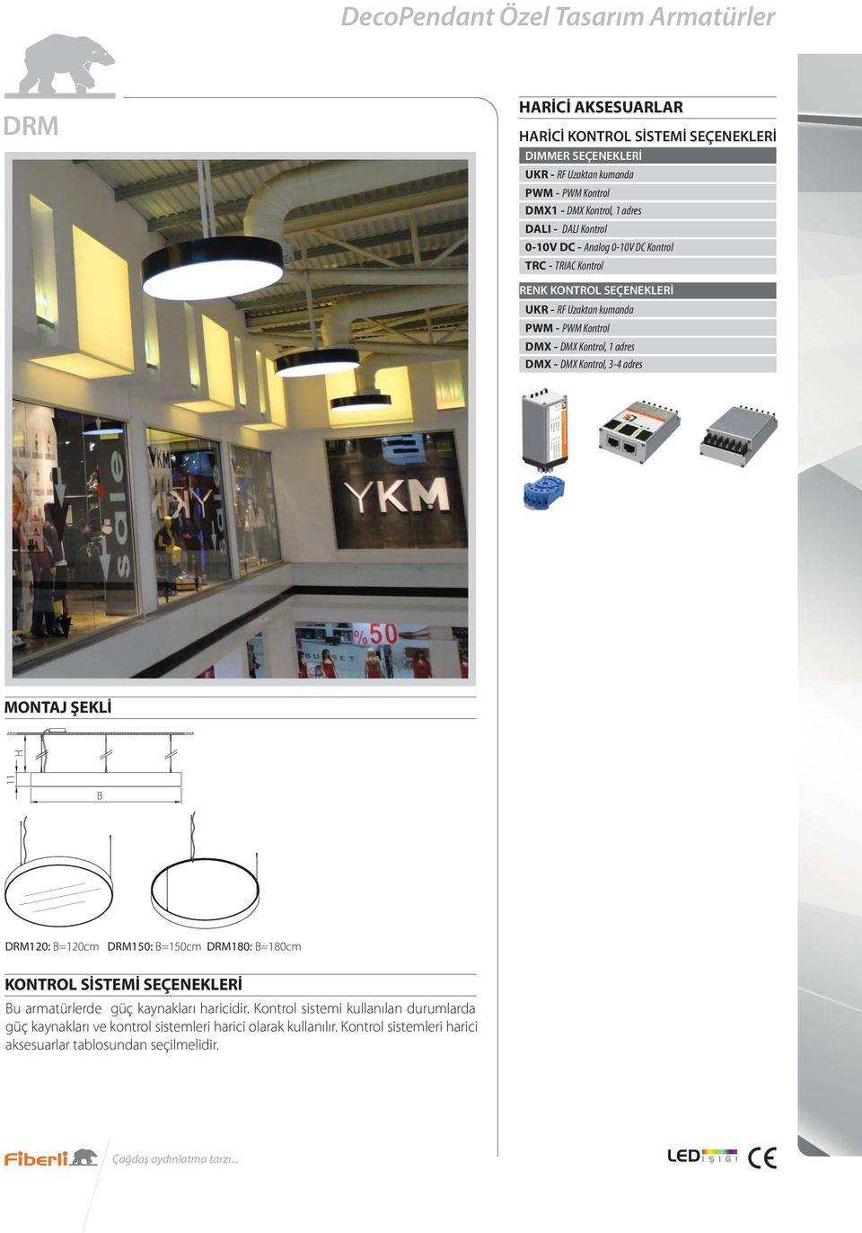 DRM150: B=150cm DRM180: B=180cm KONTROL SİSTEMİ SEÇENEKLERİ Bu armatürlerde güç kaynakları haricidir.