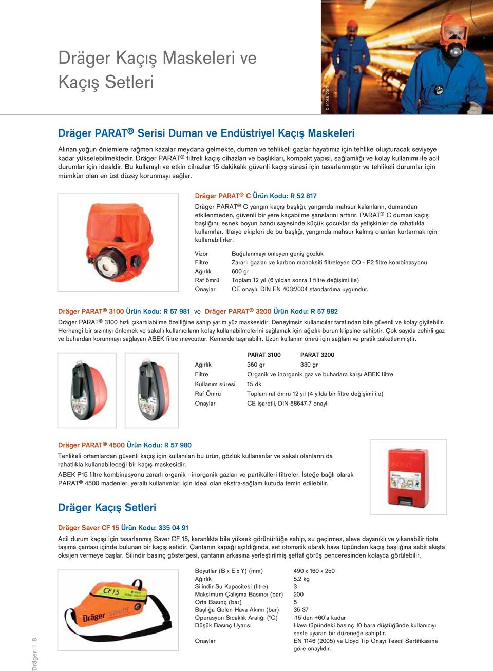 Dräger PARAT filtreli kaçış cihazları ve başlıkları, kompakt yapısı, sağlamlığı ve kolay kullanımı ile acil durumlar için idealdir.