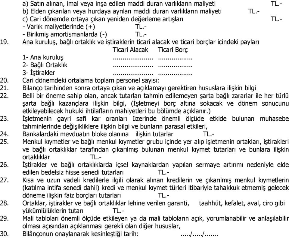 Ana kuruluş, bağlı ortaklık ve iştiraklerin ticari alacak ve ticari borçlar içindeki payları Ticari Alacak Ticari Borç 1- Ana kuruluş...... 2- Bağlı Ortaklık...... 3- İştirakler...... 20.