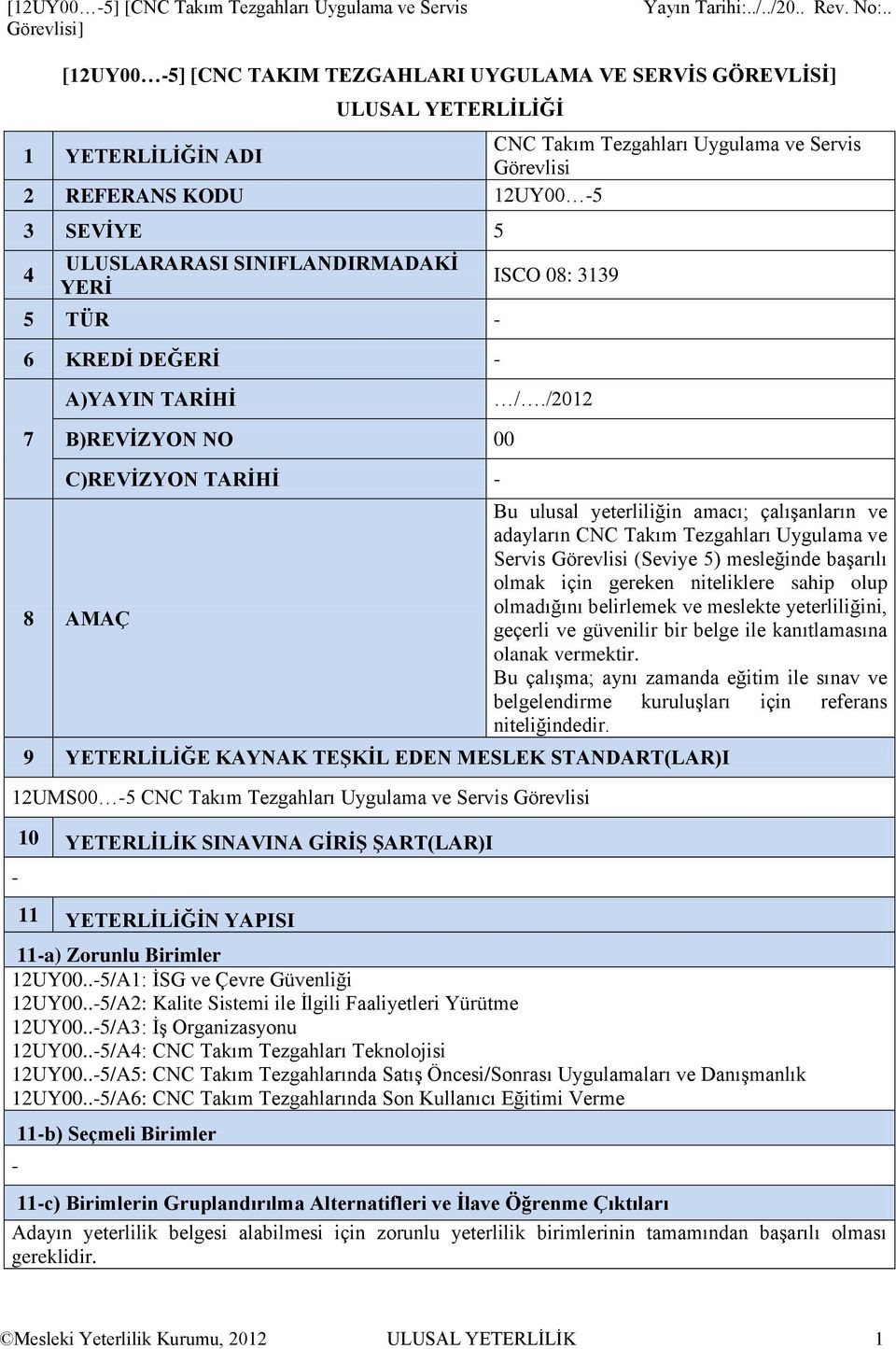 /2012 7 B)REVİZYON NO 00 C)REVİZYON TARİHİ - 8 AMAÇ Bu ulusal yeterliliğin amacı; çalışanların ve adayların CNC Takım Tezgahları Uygulama ve Servis Görevlisi (Seviye 5) mesleğinde başarılı olmak için