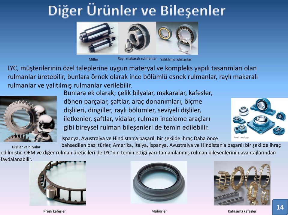 Bunlara ek olarak; çelik bilyalar, makaralar, kafesler, dönen parçalar, şaftlar, araç donanımları, ölçme dişlileri, dingiller, raylı bölümler, seviyeli dişliler, iletkenler, şaftlar, vidalar, rulman