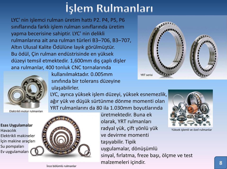 1,600mm dış çaplı dişler ana rulmanlar, 400 tonluk CNC tornalarında kullanılmaktadır. 0.005mm sınıfında bir tolerans düzeyine ulaşabilirler.