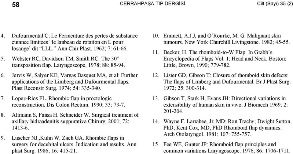 Jervis W, Salyer KE, Vargas Basquet MA, et al: Further applications of the Limberg and Dufourmental flaps. Plast Reconstr Surg. 1974; 54: 335-340. 7. Lopez-Rios FL.