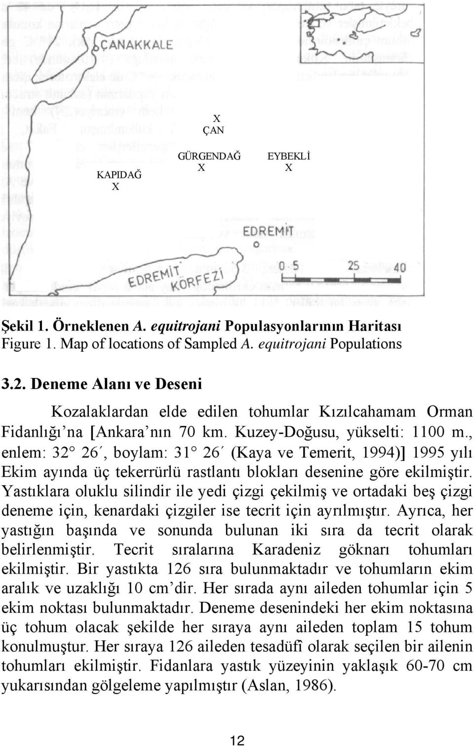 , enlem: 32 26, boylam: 31 26 (Kaya ve Temerit, 1994)] 1995 yılı Ekim ayında üç tekerrürlü rastlantı blokları desenine göre ekilmiştir.