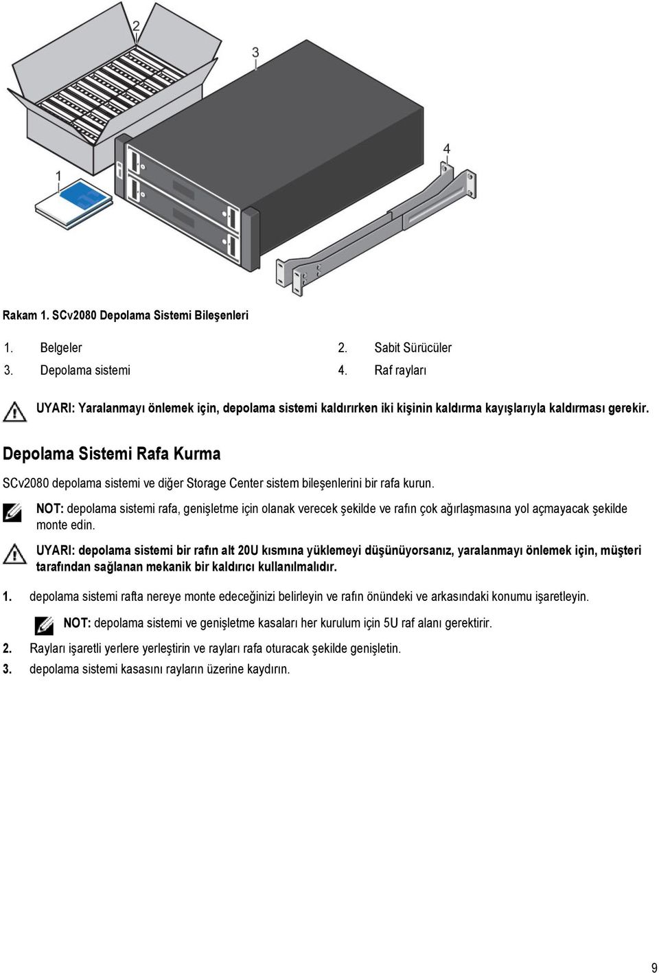 Depolama Sistemi Rafa Kurma SCv2080 depolama sistemi ve diğer Storage Center sistem bileşenlerini bir rafa kurun.