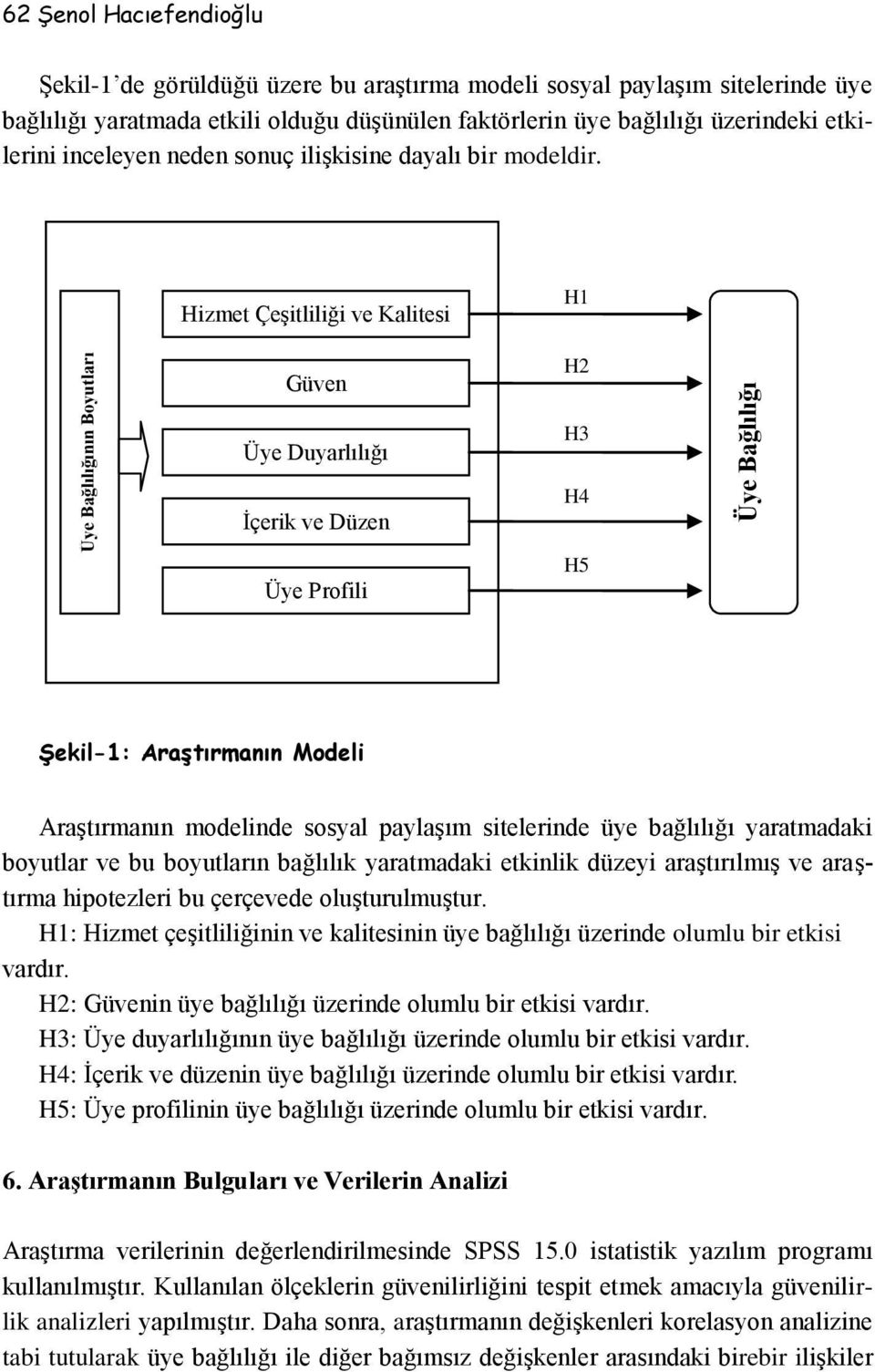Hizmet Çeşitliliği ve Kalitesi Güven H1 H2 Üye Duyarlılığı İçerik ve Düzen Üye Profili H3 H4 H5 Şekil-1: Araştırmanın Modeli Araştırmanın modelinde sosyal paylaşım sitelerinde üye bağlılığı