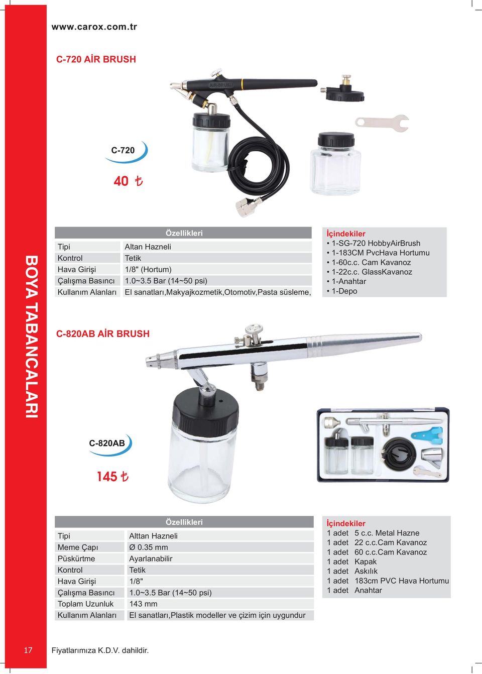 ava Hortumu 1-60c.c. Cam Kavanoz 1-22c.c. GlassKavanoz 1-Anahtar 1-Depo C-820AB 145 Tipi Püskürtme Kontrol Hava Girişi Çalışma Basıncı Toplam Uzunluk Kullanım Alanları Alttan Hazneli Ø 0.