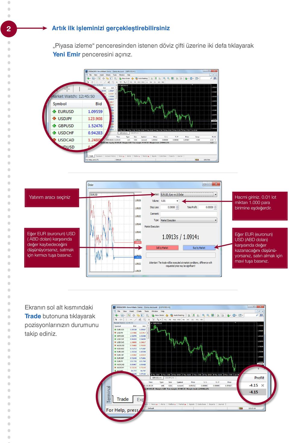 Yatırım aracı seçiniz Eğer EUR (euronun) USD ( ABD doları) karşısında değer kaybedeceğini düşünüyorsanız, satmak için kırmızı tuşa basınız.