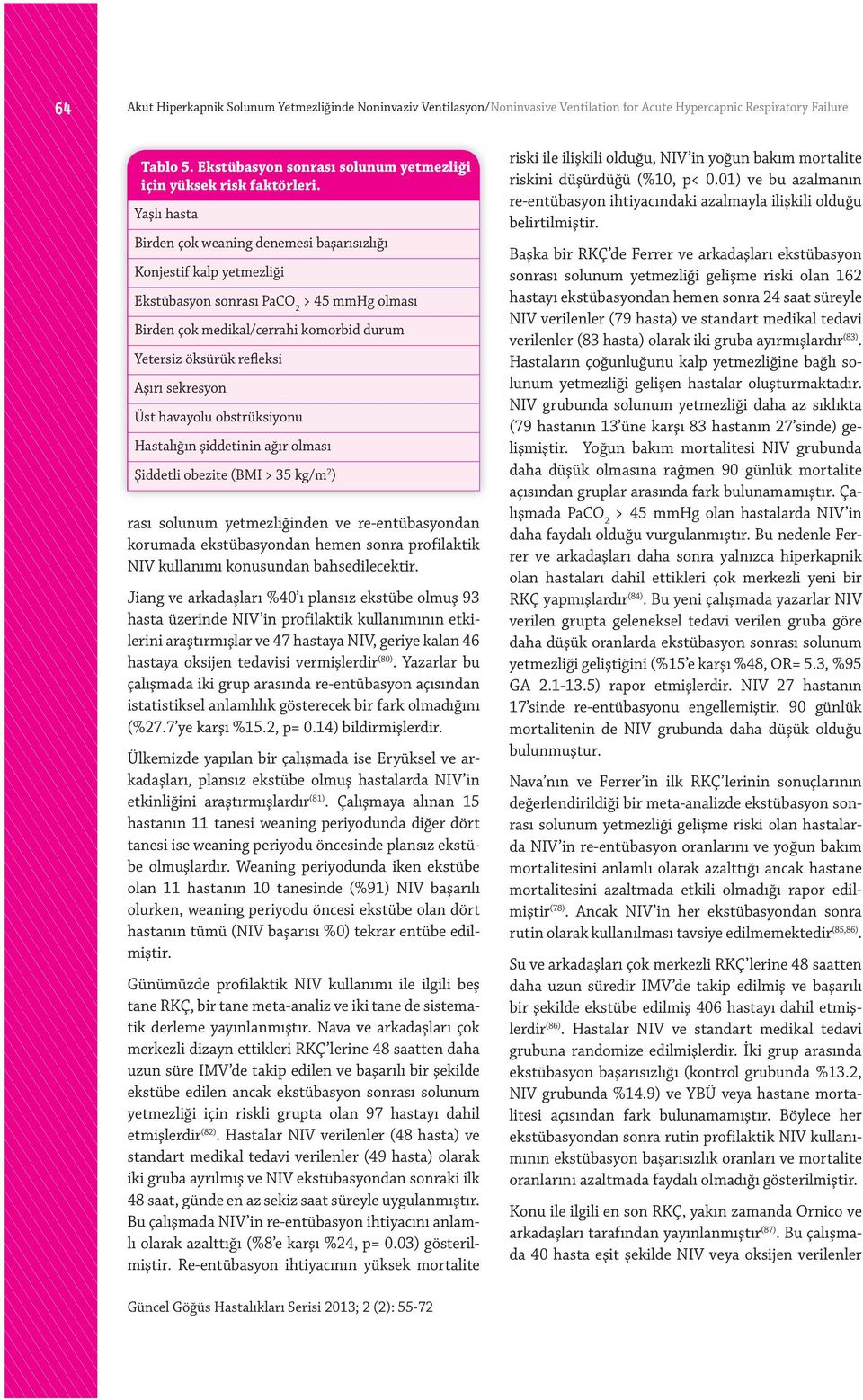 Yaşlı hasta Birden çok weaning denemesi başarısızlığı Konjestif kalp yetmezliği Ekstübasyon sonrası PaCO 2 > 45 mmhg olması Birden çok medikal/cerrahi komorbid durum Yetersiz öksürük refleksi Aşırı