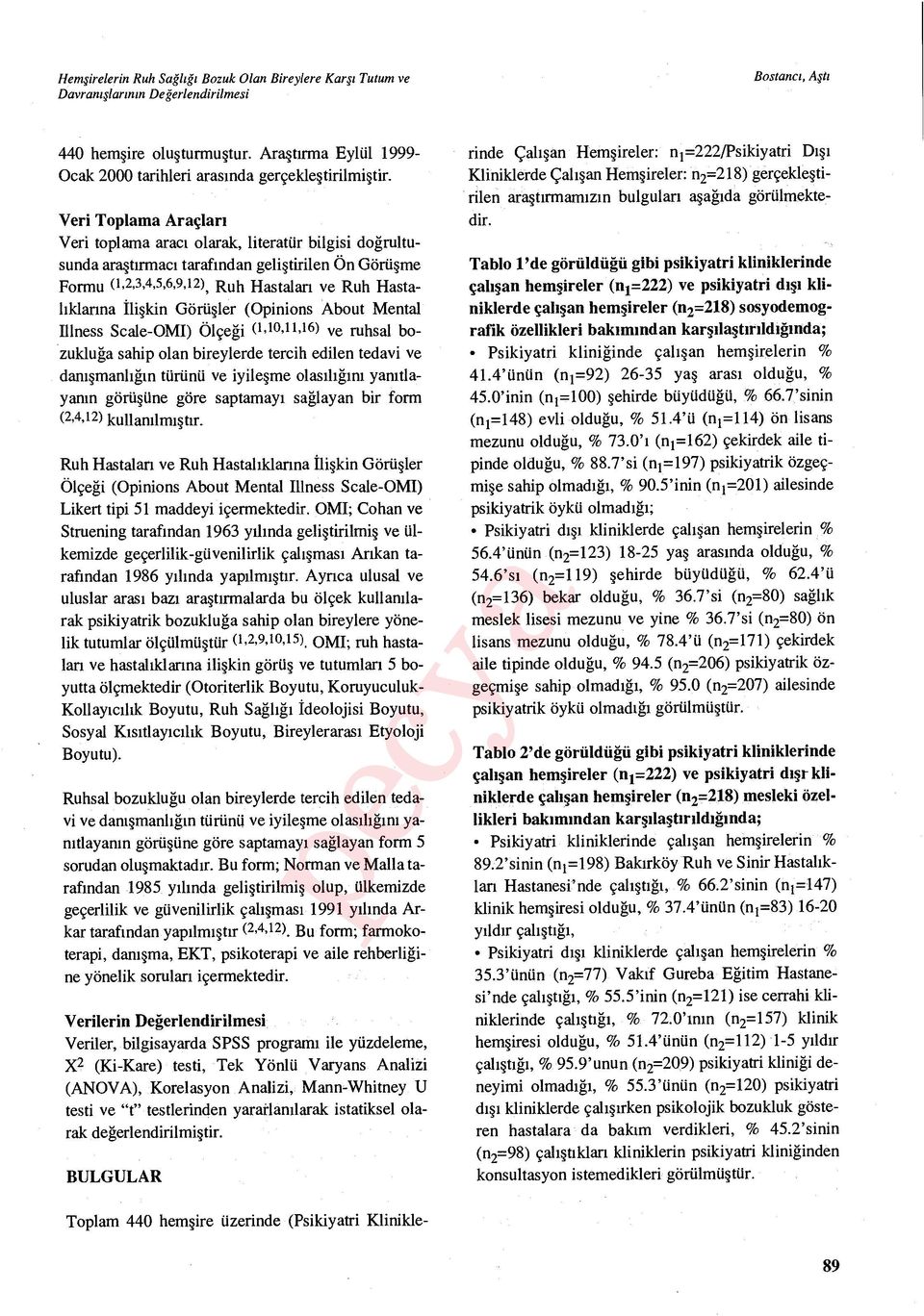 İlişkin Görüşler (Opinions About Mental Illness Scale-OMI) Ölçe ği (1,10,11,16) ve ruhsal bozukluğa sahip olan bireylerde tercih edilen tedavi ve danışmanlığın türünü ve iyile şme olas ılığını