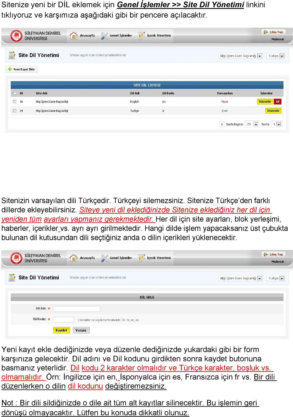 Her dil için site ayarları, blok yerleşimi, haberler, içerikler vs. ayrı ayrı girilmektedir.