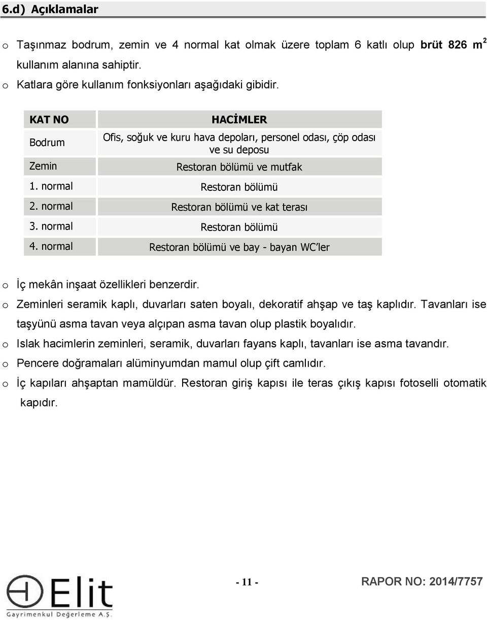 normal Restoran bölümü 4. normal Restoran bölümü ve bay - bayan WC ler o İç mekân inşaat özellikleri benzerdir. o Zeminleri seramik kaplı, duvarları saten boyalı, dekoratif ahşap ve taş kaplıdır.