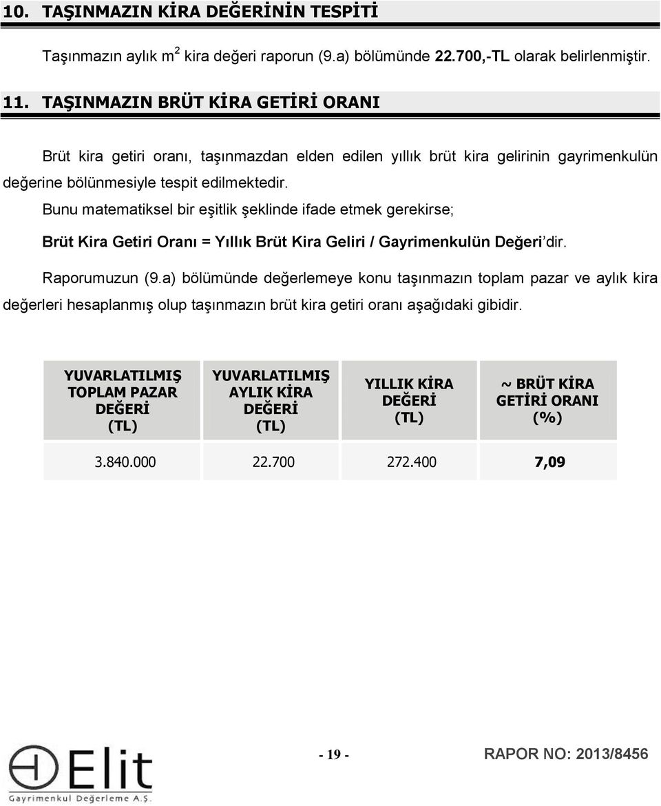 Bunu matematiksel bir eşitlik şeklinde ifade etmek gerekirse; Brüt Kira Getiri Oranı = Yıllık Brüt Kira Geliri / Gayrimenkulün Değeri dir. Raporumuzun (9.