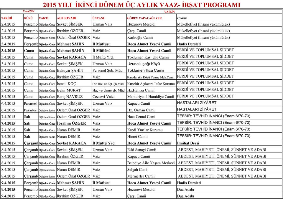 2015 PerşembeÖğleden Önce İbrahim ÖZGER Vaiz Çarşı Camii Mükellefiyet (İnsani yükümlülük) 2.4.2015 PerşembeÖğleden Sonra Özlem Önal ÖZGER Vaiz Karlıoğlu Camii Mükellefiyet (İnsani yükümlülük) 2.4.2015 PerşembeÖğleden Önce Mehmet ŞAHİN İl Müftüsü Hoca Ahmet Yesevi Camii Hadis Dersleri 3.