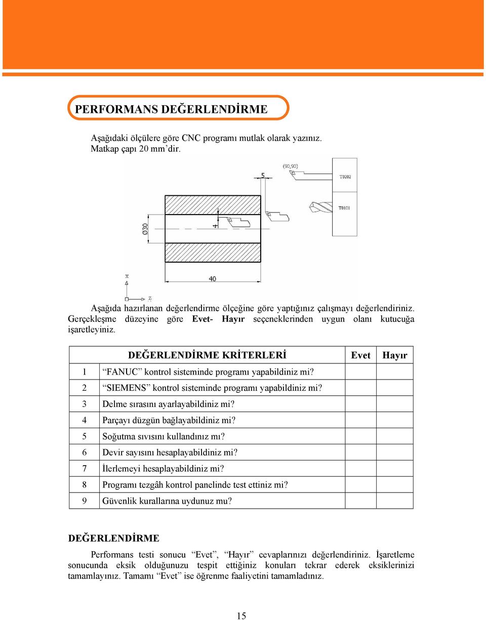 DEĞERLENDİRME KRİTERLERİ Evet Hayır 1 FANUC kontrol sisteminde programı yapabildiniz mi? 2 SIEMENS kontrol sisteminde programı yapabildiniz mi? 3 Delme sırasını ayarlayabildiniz mi?