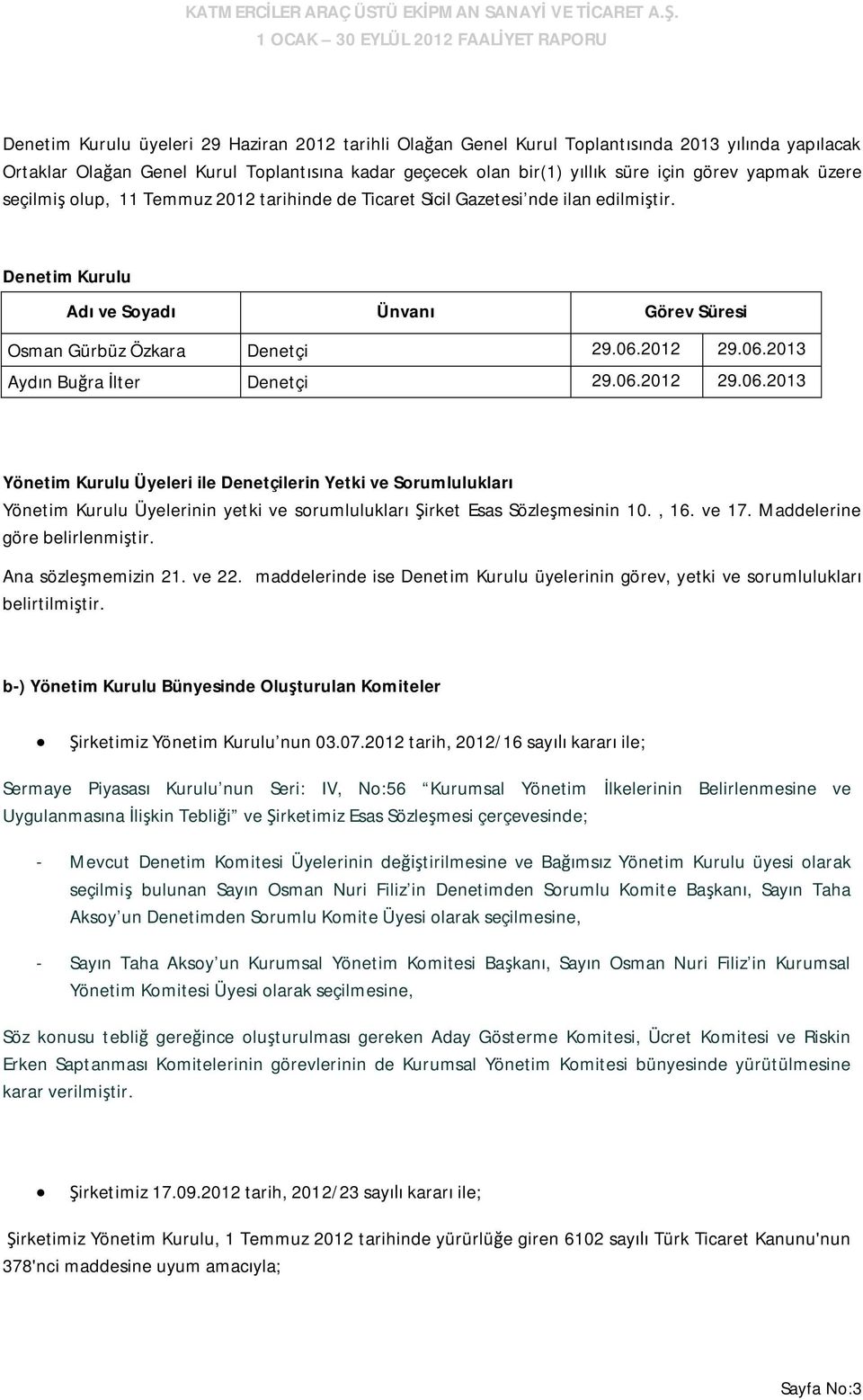 2012 29.06.2013 Aydın Buğra İlter Denetçi 29.06.2012 29.06.2013 Yönetim Kurulu Üyeleri ile Denetçilerin Yetki ve Sorumlulukları Yönetim Kurulu Üyelerinin yetki ve sorumlulukları Şirket Esas Sözleşmesinin 10.