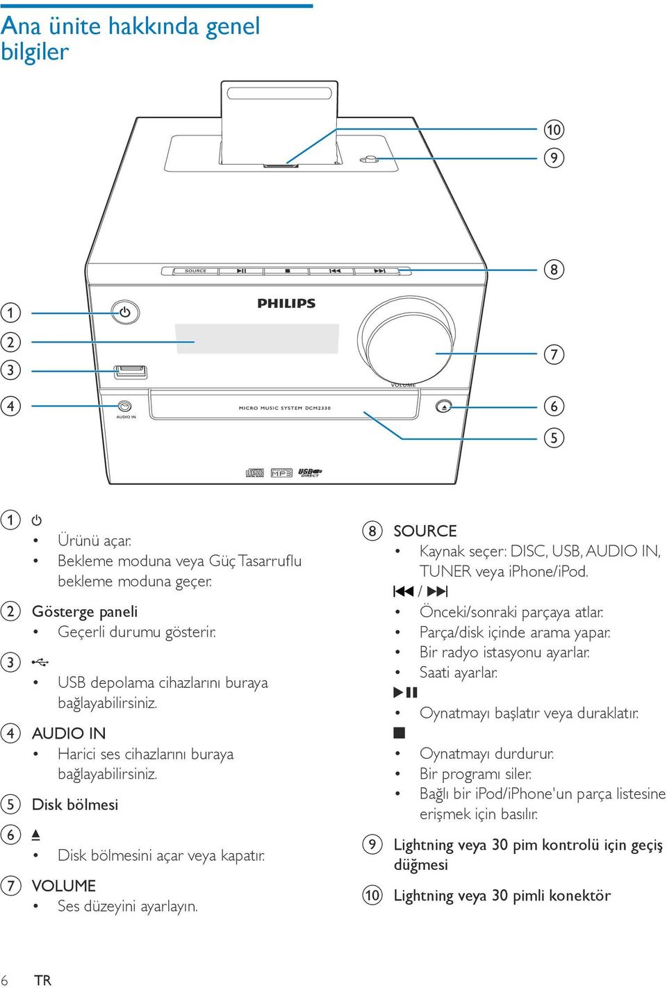 g VOLUME Ses düzeyini ayarlayın. h SOURCE Kaynak seçer: DISC, USB, AUDIO IN, TUNER veya iphone/ipod. / Önceki/sonraki parçaya atlar. Parça/disk içinde arama yapar. Bir radyo istasyonu ayarlar.