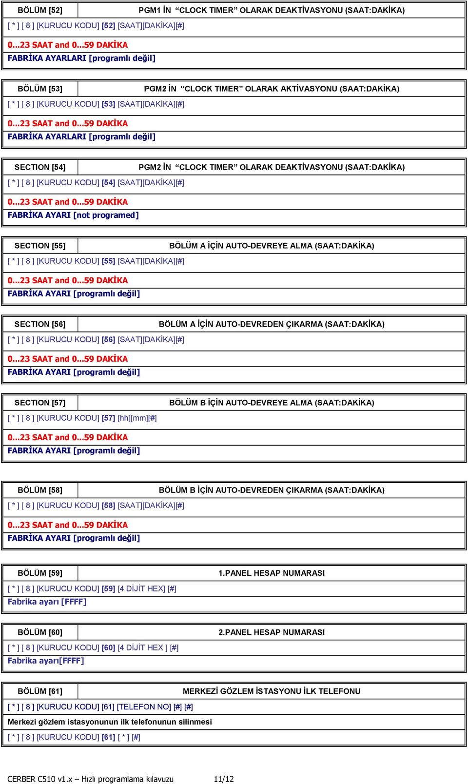 [SAAT][DAKĠKA][#] FABRĠKA AYARI [not programed] SECTION [55] BÖLÜM A İÇİN AUTO-DEVREYE ALMA (SAAT:DAKİKA) [ * ] [ 8 ] [KURUCU KODU] [55] [SAAT][DAKĠKA][#] FABRĠKA AYARI [programlı değil] SECTION [56]