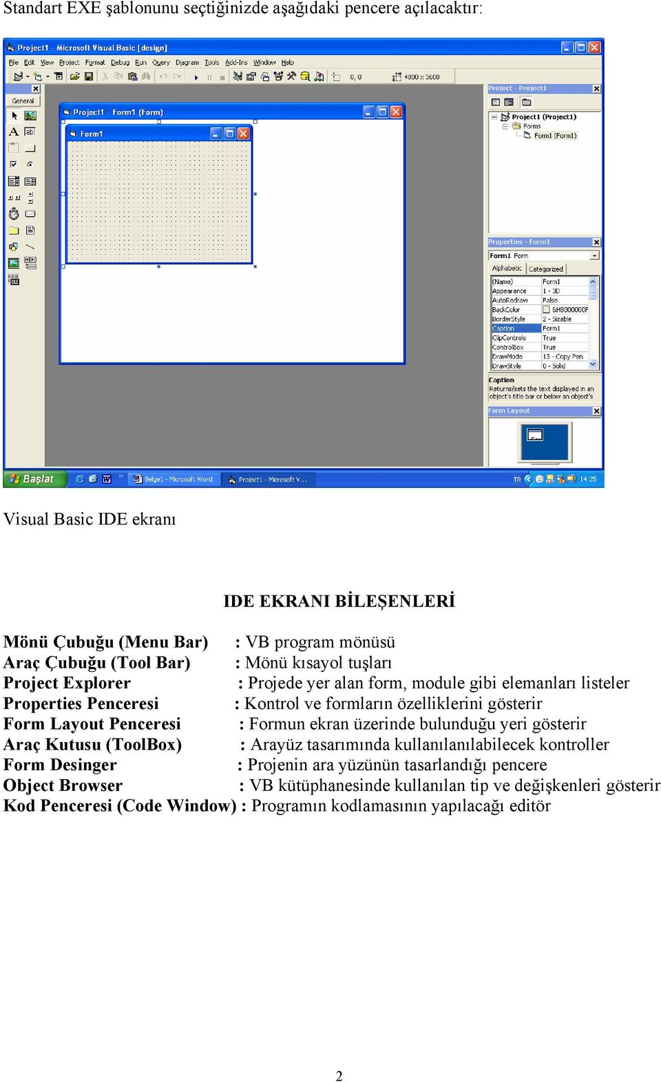 gösterir Form Layout Penceresi : Formun ekran üzerinde bulunduğu yeri gösterir Araç Kutusu (ToolBox) : Arayüz tasarımında kullanılanılabilecek kontroller Form Desinger :
