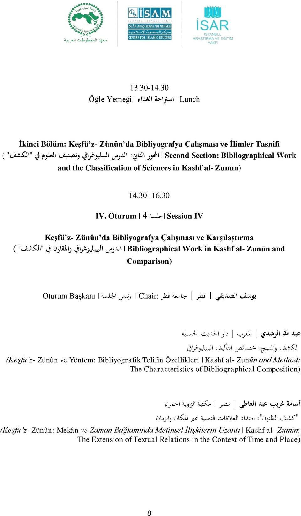 "الكشف" ) and the Classification of Sciences in Kashf al- Zunūn) IV. Oturum 14.30-16.