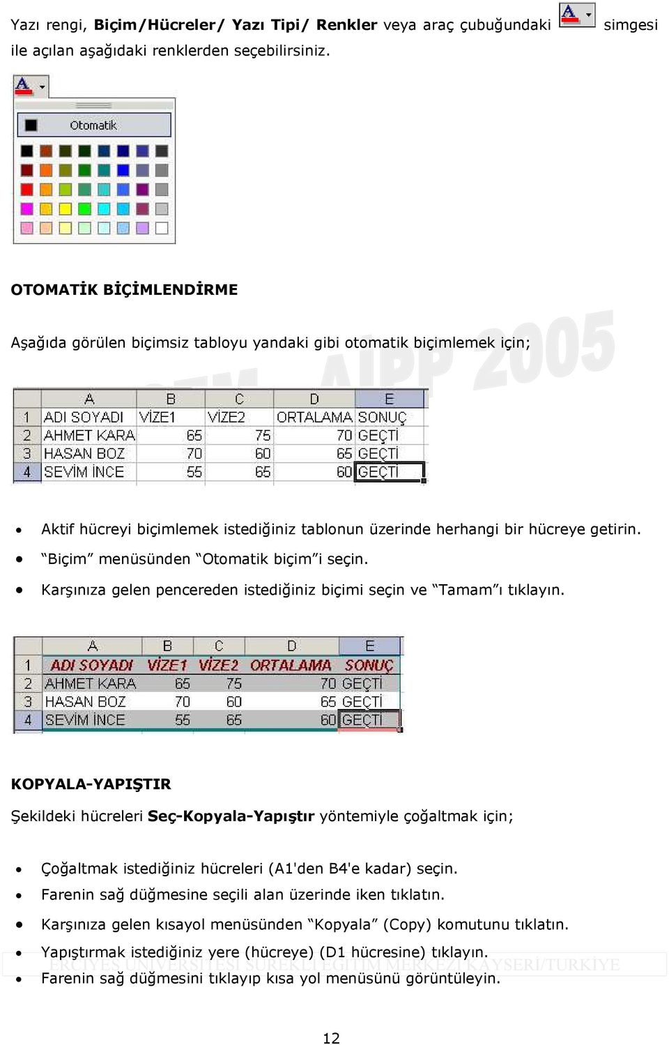 Biçim menüsünden Otomatik biçim i seçin. Karşınıza gelen pencereden istediğiniz biçimi seçin ve Tamam ı tıklayın.